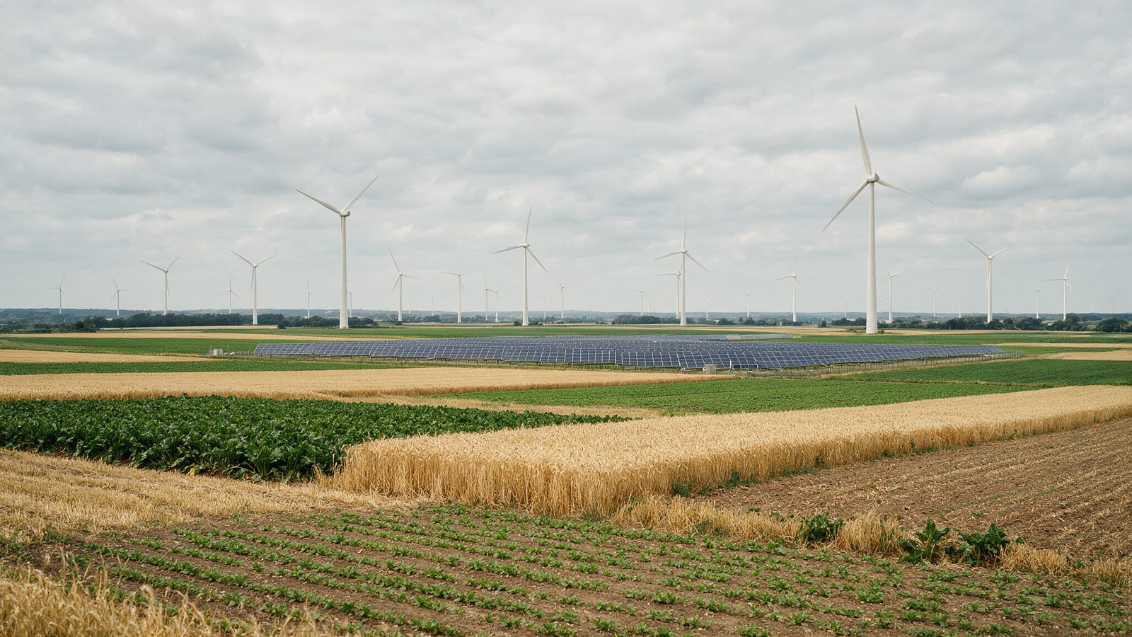 Agrarlandschaft mit Windrädern am Horizont und einer Freiflächen-Solaranlage im Mittelgrund