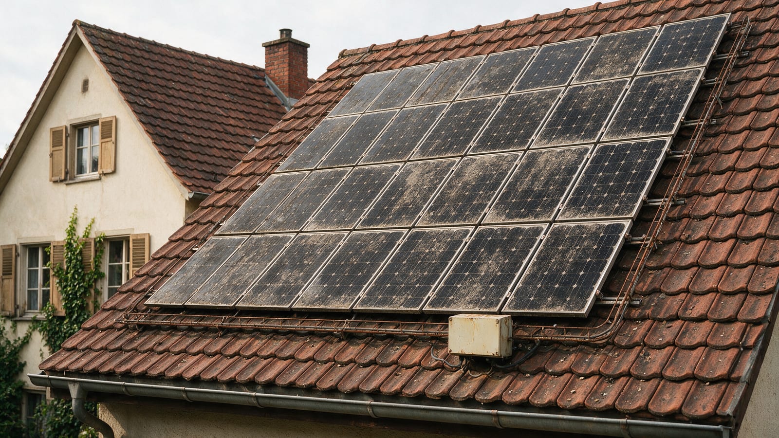 Gealterte Photovoltaikanlage auf dem Ziegeldach eines älteren Wohnhauses