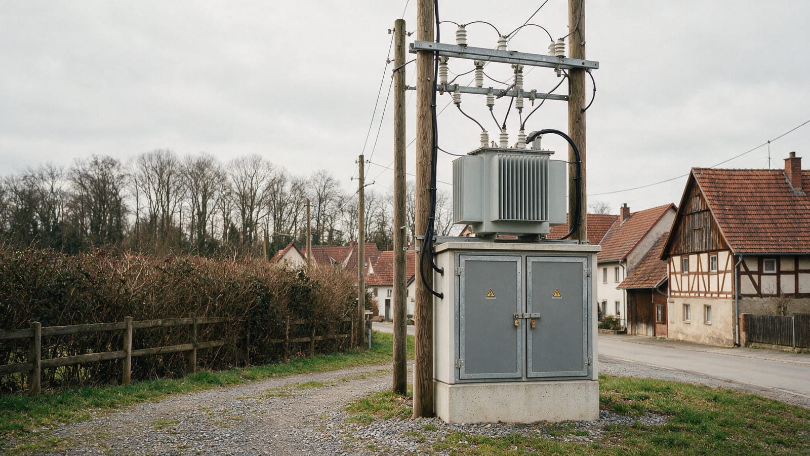 Ortsnetzstation mit Transformator und Verteilerschrank am Rand einer Ortschaft