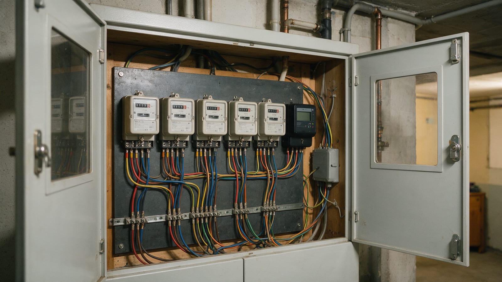 Zählerschrank mit mehreren Stromzählern und einem digitalen Messgerät im Keller eines Mehrfamilienhauses